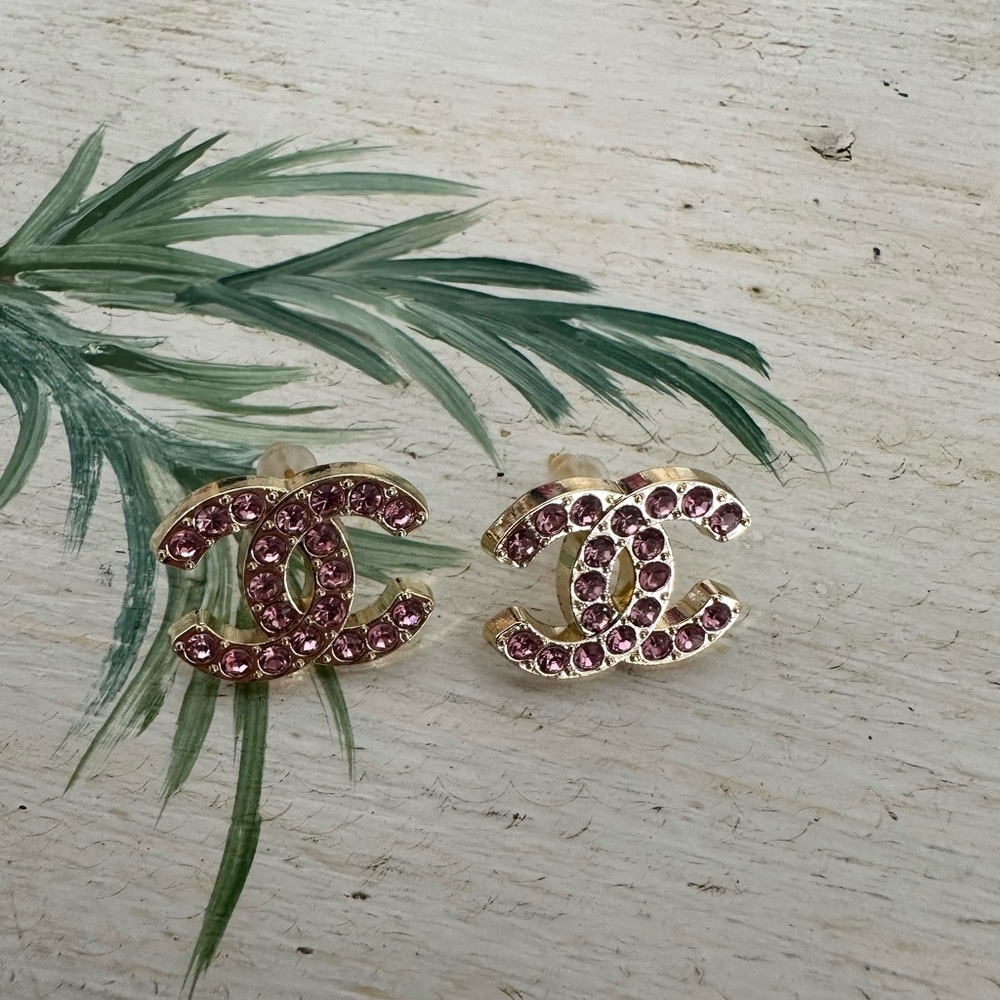 CHANEL Gold and Pink Logo Stud Earrings
